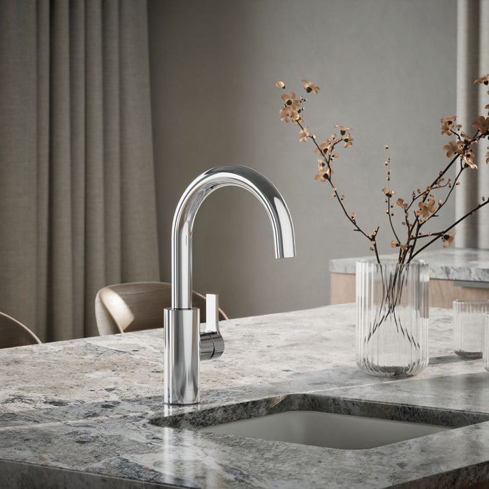 KOHLER K-34908 Elate Single-handle Bar Sink Faucet, Polished Chrome - Shows close up detail of product in room