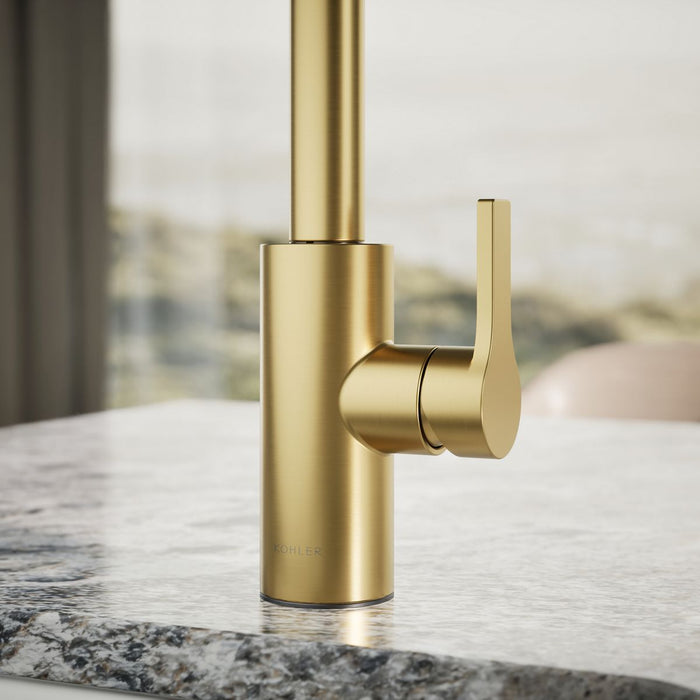 KOHLER K-34908 Elate Single-handle Bar Sink Faucet, Vibrant Brushed Moderne Brass - close-up view of product detail function