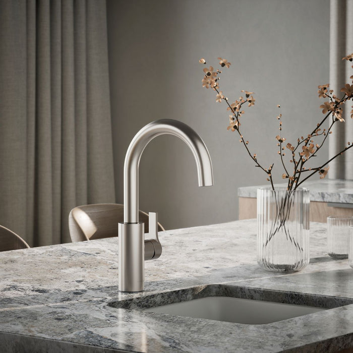 KOHLER K-34908 Elate Single-handle Bar Sink Faucet, Vibrant Stainless - Shows close up detail of product in room