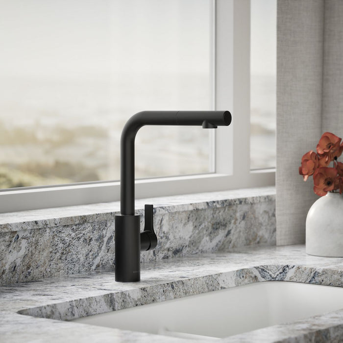 KOHLER K-34909 Elate Pull-out Kitchen Sink Faucet with Two-function Sprayhead, Matte Black - Shows close up detail of product