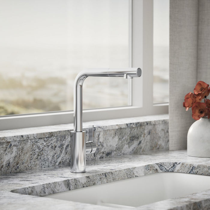 KOHLER K-34909 Elate Pull-out Kitchen Sink Faucet with Two-function Sprayhead, Polished Chrome - Shows close up detail of pro