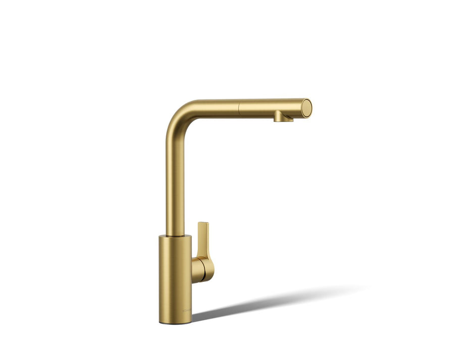 KOHLER K-34909 Elate Pull-out Kitchen Sink Faucet with Two-function Sprayhead, Vibrant Brushed Moderne Brass - 3/4 view of pr