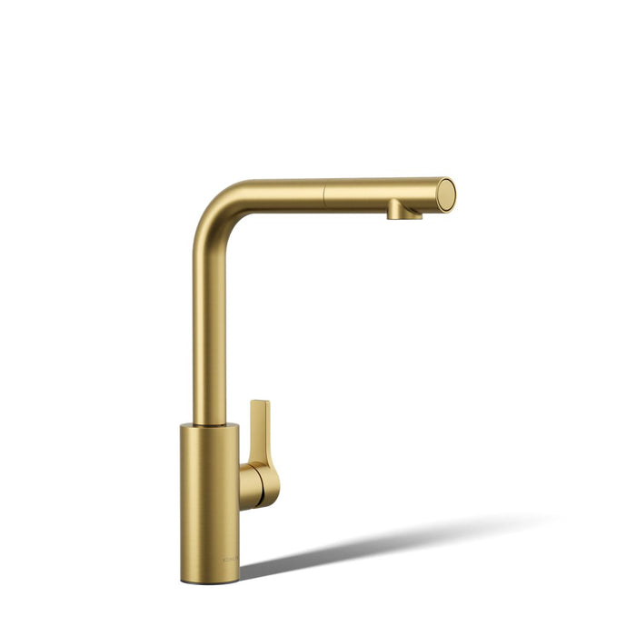 KOHLER K-34909 Elate Pull-out Kitchen Sink Faucet with Two-function Sprayhead, Vibrant Brushed Moderne Brass - 3/4 view of pr