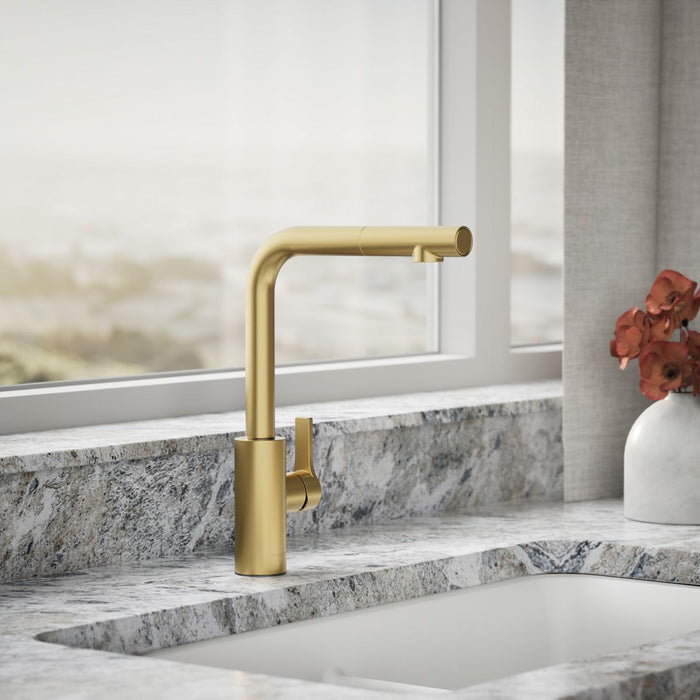 KOHLER K-34909 Elate Pull-out Kitchen Sink Faucet with Two-function Sprayhead, Vibrant Brushed Moderne Brass - Shows close up