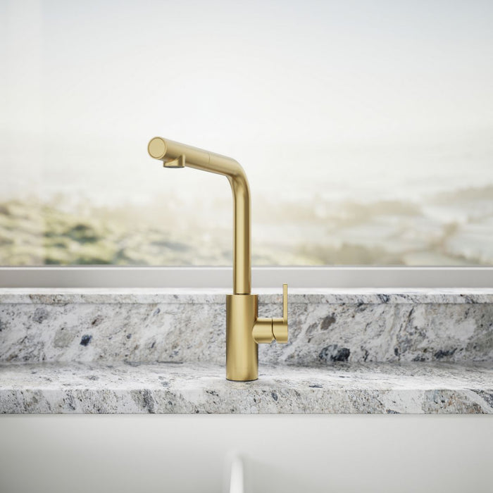 KOHLER K-34909 Elate Pull-out Kitchen Sink Faucet with Two-function Sprayhead, Vibrant Brushed Moderne Brass - image focused 