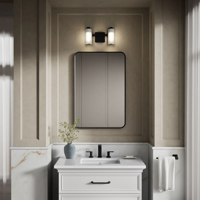 KOHLER K-35114-SC02 Parallel Two-light Sconce, Matte Black - Products in use in close room view