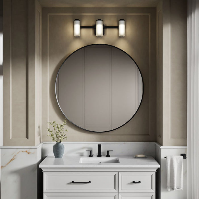 KOHLER K-35115-SC03 Parallel Three-light Sconce, Matte Black - Products in use in close room view