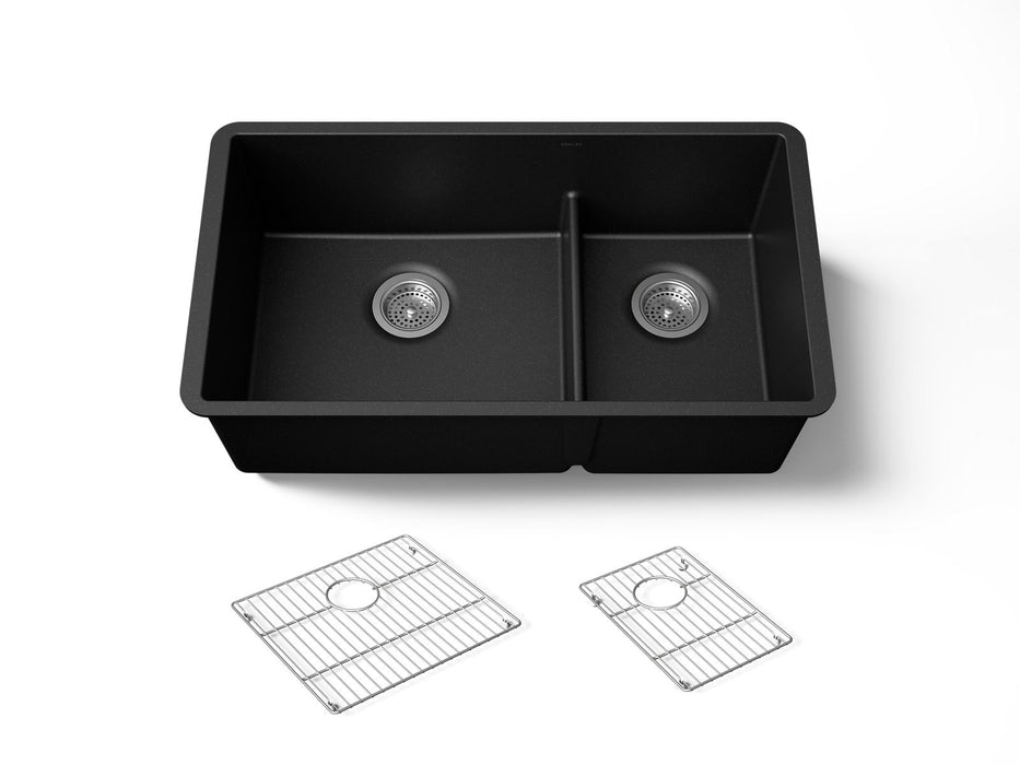 KOHLER K-36749 Billings 32-1/2" Undermount Double-bowl Kitchen Sink, Matte Black - 3/4 view of product