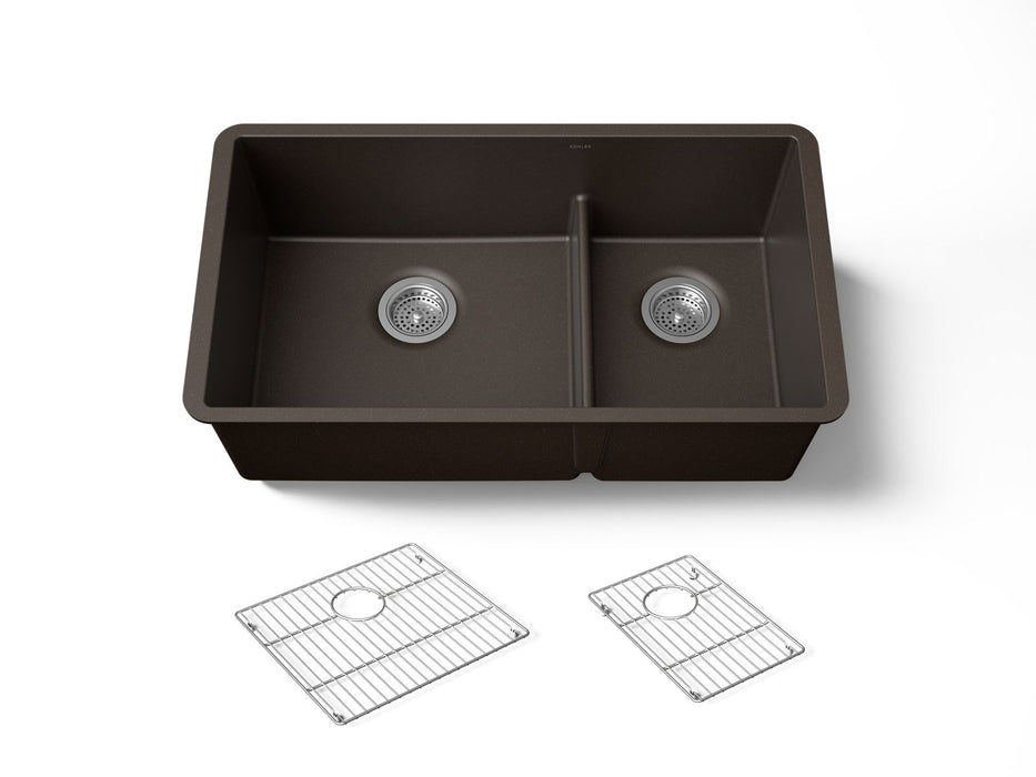 KOHLER K-36749 Billings 32-1/2" Undermount Double-bowl Kitchen Sink, Matte Brown - 3/4 view of product