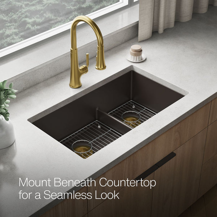 KOHLER K-36749 Billings 32-1/2" Undermount Double-bowl Kitchen Sink, Matte Brown - image focused on single product story
