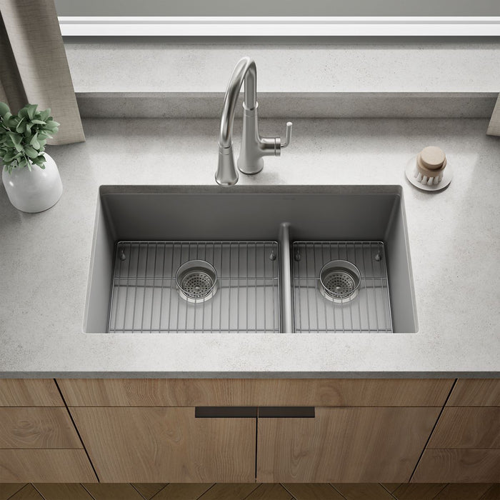 KOHLER K-36749 Billings 32-1/2" Undermount Double-bowl Kitchen Sink, Matte Grey - Shows close up detail of product in room