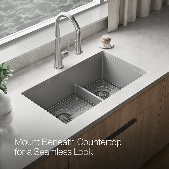 KOHLER K-36749 Billings 32-1/2" Undermount Double-bowl Kitchen Sink, Matte Grey - image focused on single product story