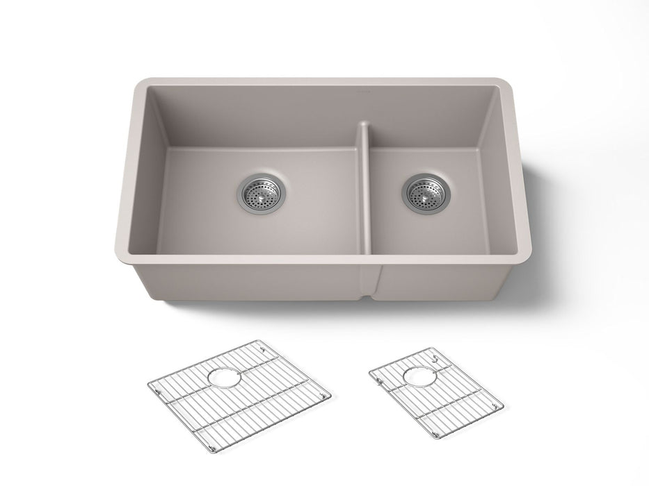 KOHLER K-36749 Billings 32-1/2" Undermount Double-bowl Kitchen Sink, Matte Taupe - 3/4 view of product