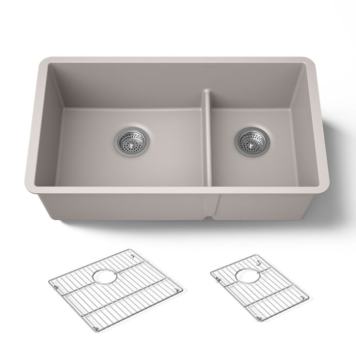 KOHLER K-36749 Billings 32-1/2" Undermount Double-bowl Kitchen Sink, Matte Taupe - 3/4 view of product