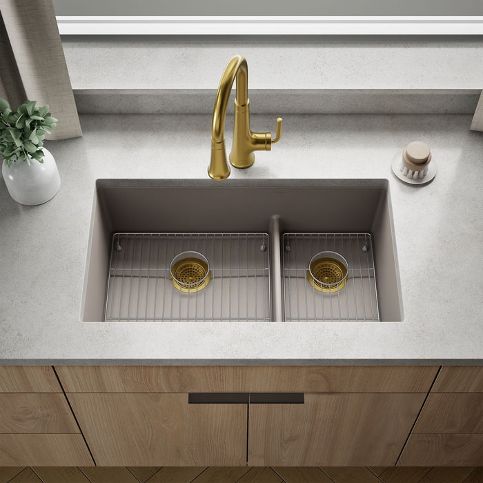 KOHLER K-36749 Billings 32-1/2" Undermount Double-bowl Kitchen Sink, Matte Taupe - Shows close up detail of product in room