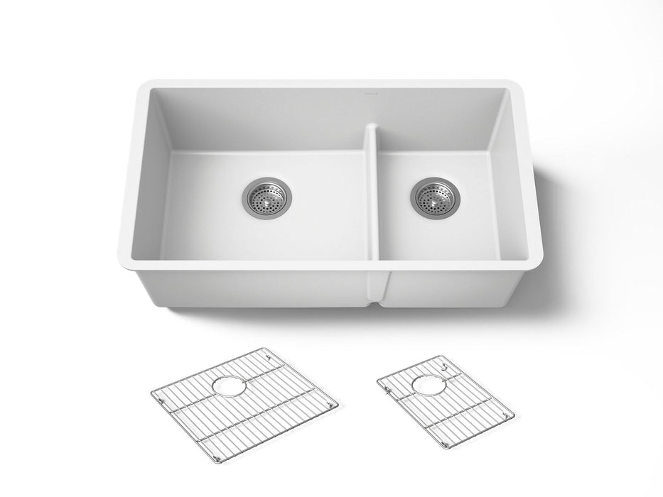 KOHLER K-36749 Billings 32-1/2" Undermount Double-bowl Kitchen Sink, Matte White - 3/4 view of product