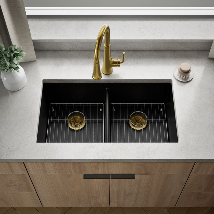 KOHLER K-36750 Billings 32-1/2" Undermount Double-bowl Kitchen Sink, Matte Black - Shows close up detail of product in room