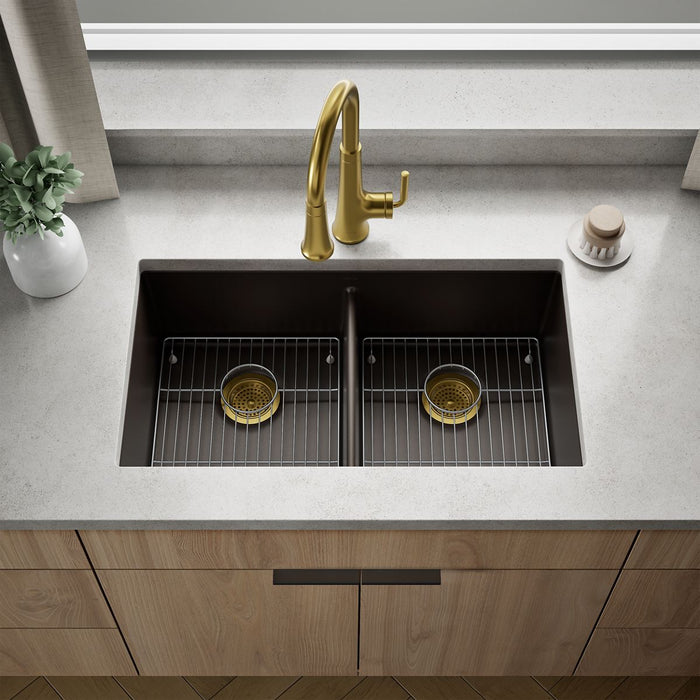 KOHLER K-36750 Billings 32-1/2" Undermount Double-bowl Kitchen Sink, Matte Brown - Shows close up detail of product in room