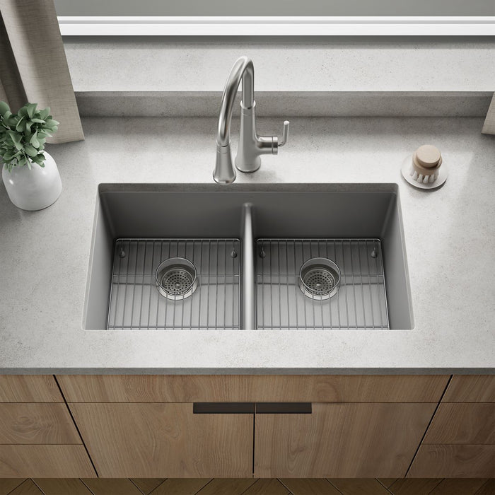 KOHLER K-36750 Billings 32-1/2" Undermount Double-bowl Kitchen Sink, Matte Grey - Shows close up detail of product in room