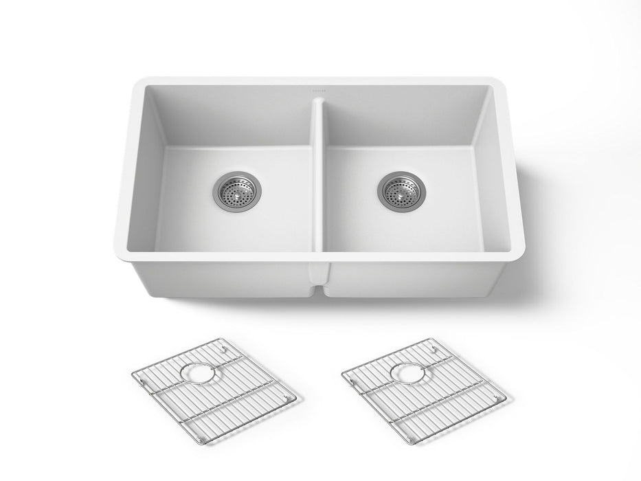 KOHLER K-36750 Billings 32-1/2" Undermount Double-bowl Kitchen Sink, Matte White - 3/4 view of product