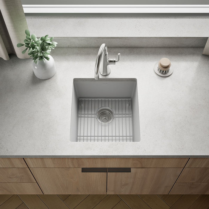 KOHLER K-36751 Billings 17-1/2" Undermount Bar Sink, Matte White - Shows close up detail of product in room