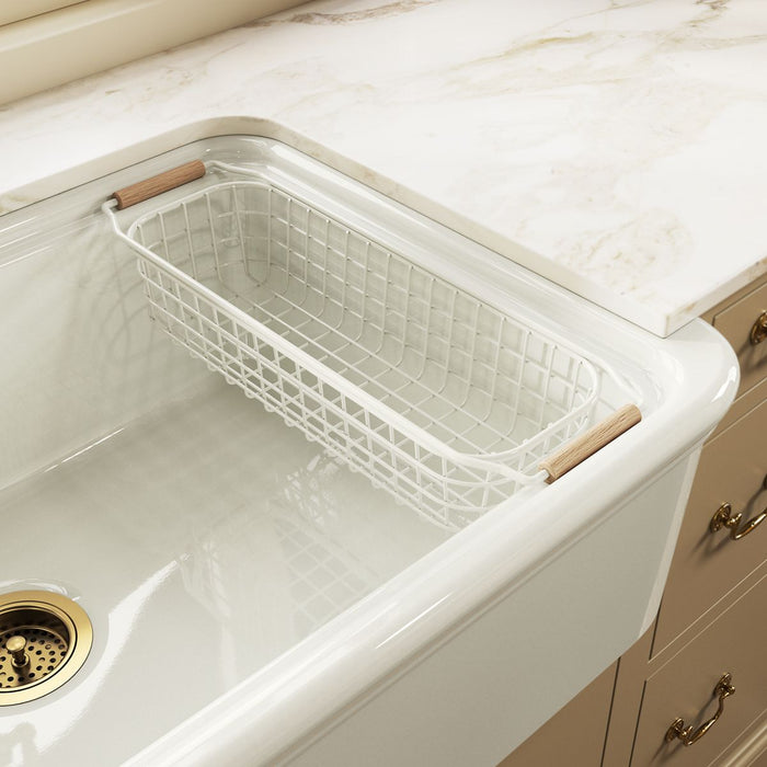 KOHLER K-36794 Wire Sink Basket for Audrine Farmhouse Kitchen Sink, Dune - Shows close up detail of product in room