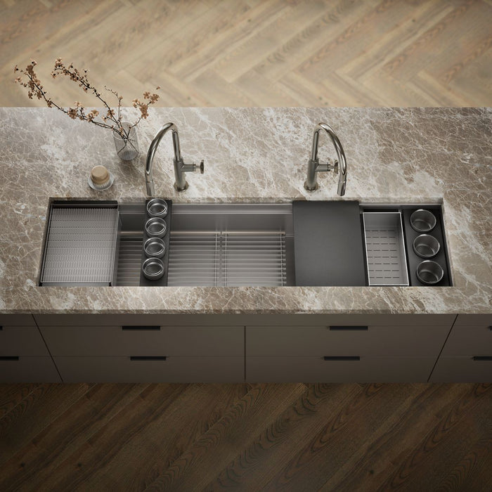 KOHLER K-37905-PAP Synthos 69-3/4" Undermount Single-bowl Workstation Kitchen Sink, Wood Composite Matte Black - Shows close 