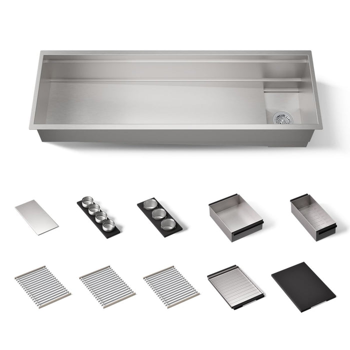 KOHLER K-37906-PAP Synthos 57-3/4" Undermount Single-bowl Workstation Kitchen Sink, Wood Composite Matte Black - 3/4 view of 