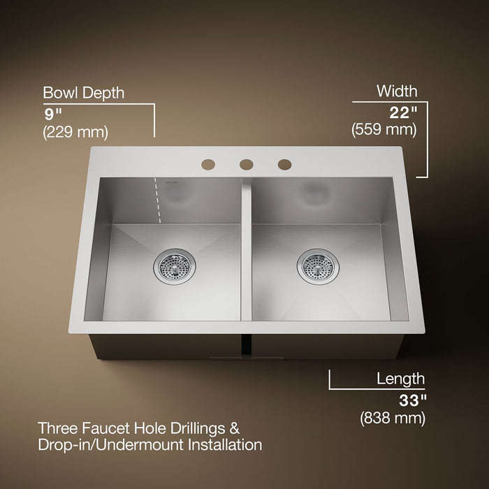 KOHLER K-3820-3 Vault 33" top-/undermount double-bowl kitchen sink, stainless steel - view 5