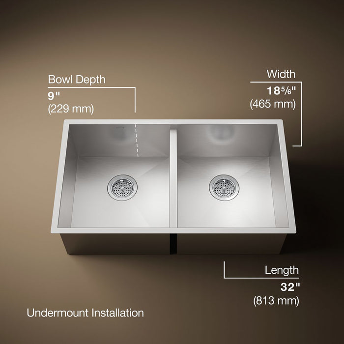 KOHLER K-3820 Vault 32" undermount double-bowl kitchen sink, stainless steel - view 5