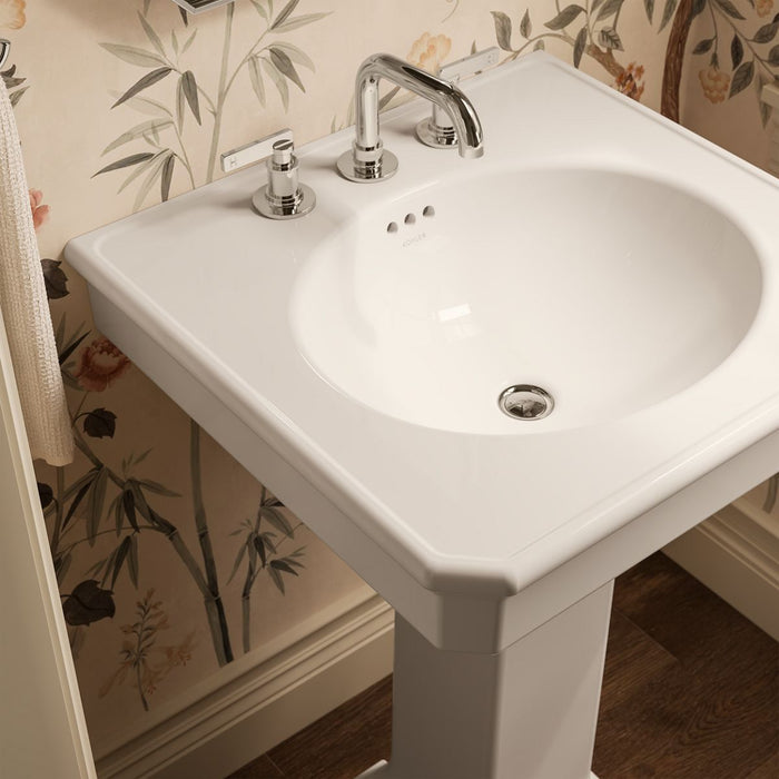 KOHLER K-38227-8 Claude 24" Rectangular Pedestal Bathroom Sink, Dune - Shows close up detail of product in room