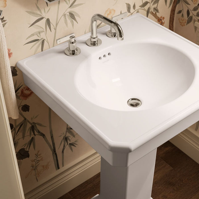 KOHLER K-38227-8 Claude 24" Rectangular Pedestal Bathroom Sink, White - Shows close up detail of product in room