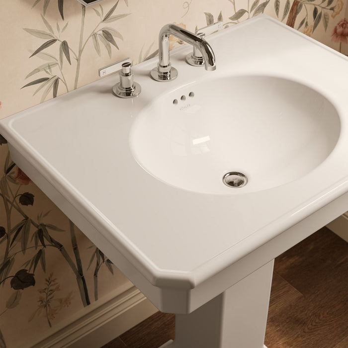 KOHLER K-38228-8 Claude 30" Rectangular Pedestal Bathroom Sink, Dune - Shows close up detail of product in room