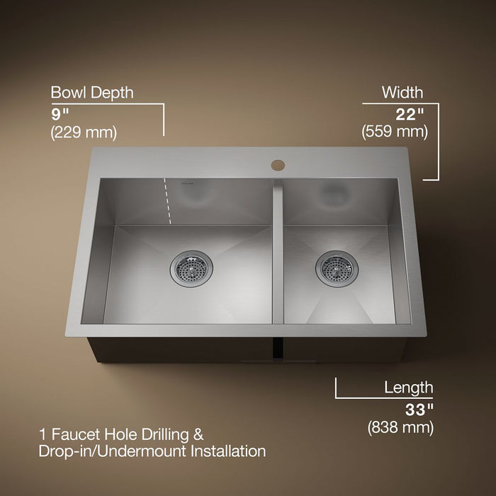 KOHLER K-3823-1 Vault 33" top-/undermount double-bowl kitchen sink, stainless steel - view 5
