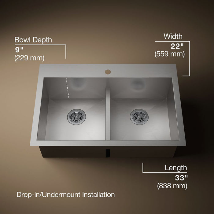KOHLER K-3838-1 Vault Smart Divide 33" top-/undermount double-bowl kitchen sink, stainless steel - view 5