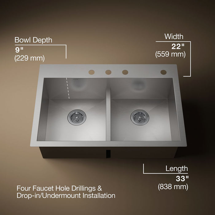 KOHLER K-3838-4 Vault Smart Divide 33" top-/undermount double-bowl kitchen sink