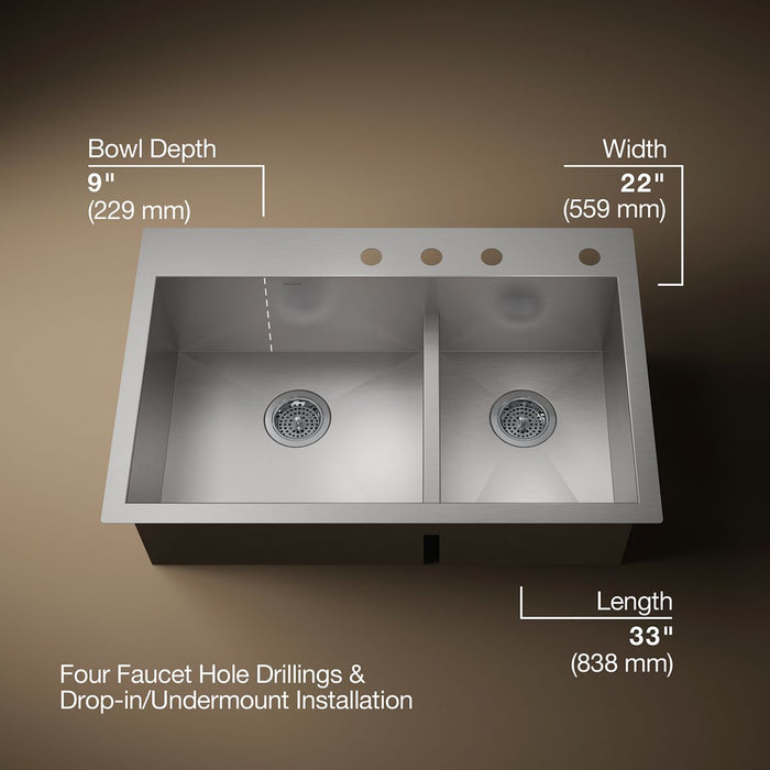 KOHLER K-3839-4 Vault Smart Divide 33" top-/undermount double-bowl kitchen sink, stainless steel - view 5