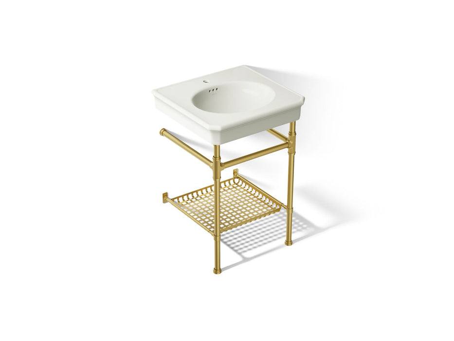 KOHLER K-39303-1 Claude 24" Rectangular Console Table Bathroom Sink, Dune with Vibrant Brushed Moderne Brass - 3/4 view of pr