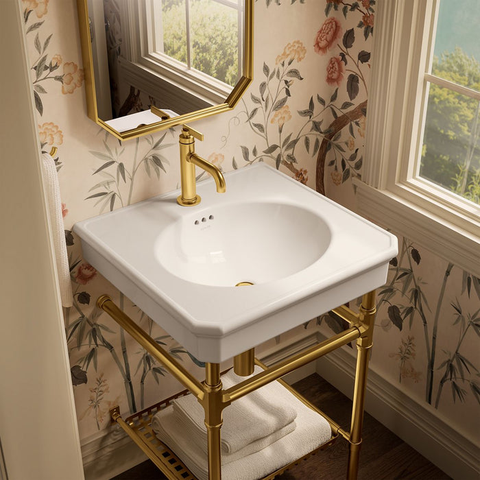 KOHLER K-39303-1 Claude 24" Rectangular Console Table Bathroom Sink, Dune with Vibrant Brushed Moderne Brass - image focused 