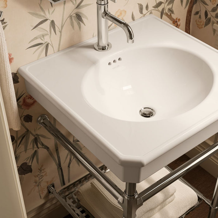 KOHLER K-39303-1 Claude 24" Rectangular Console Table Bathroom Sink, Dune with Vibrant Polished Nickel - Shows close up detai