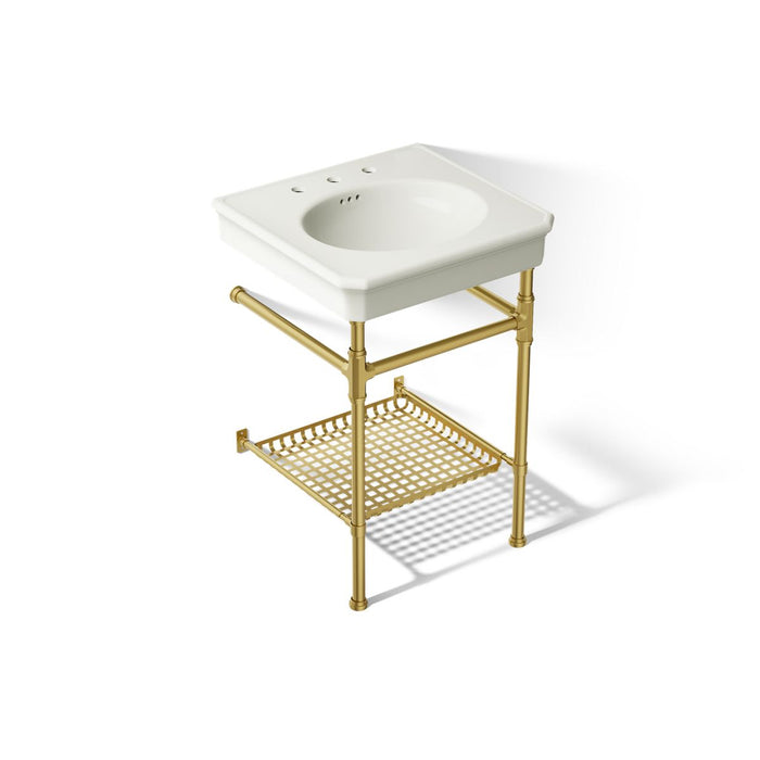 KOHLER K-39303-8 Claude 24" Rectangular Console Table Bathroom Sink, Dune with Vibrant Brushed Moderne Brass - 3/4 view of pr