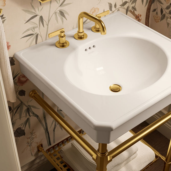 KOHLER K-39303-8 Claude 24" Rectangular Console Table Bathroom Sink, Dune with Vibrant Brushed Moderne Brass - Shows close up