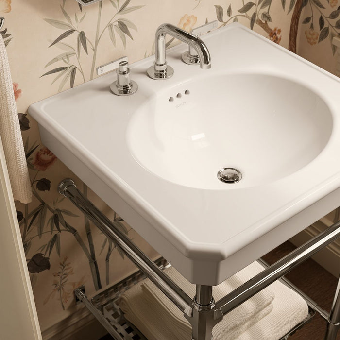 KOHLER K-39303-8 Claude 24" Rectangular Console Table Bathroom Sink, Dune with Vibrant Polished Nickel - Shows close up detai