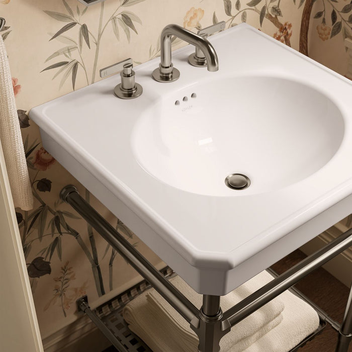 KOHLER K-39303-8 Claude 24" Rectangular Console Table Bathroom Sink, White with Brushed Nickel - Shows close up detail of pro