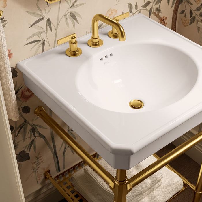KOHLER K-39303-8 Claude 24" Rectangular Console Table Bathroom Sink, White with Vibrant Brushed Moderne Brass - Shows close u
