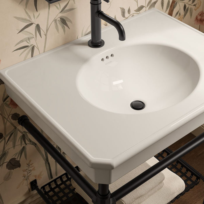 KOHLER K-39304-1 Claude 30" Rectangular Console Table Bathroom Sink, Dune with Matte Black - Shows close up detail of product