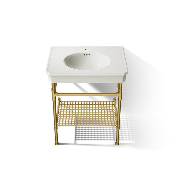 KOHLER K-39304-1 Claude 30" Rectangular Console Table Bathroom Sink, Dune with Vibrant Brushed Moderne Brass - Detail image o