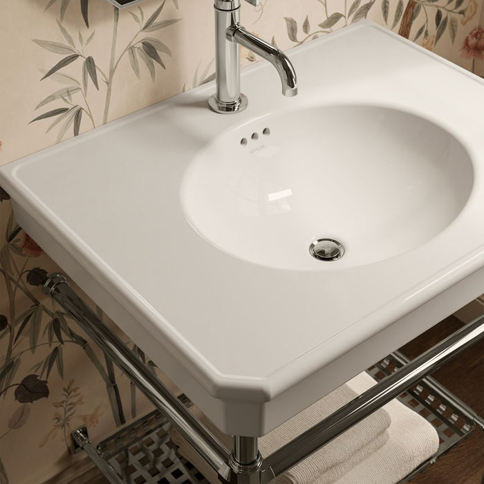 KOHLER K-39304-1 Claude 30" Rectangular Console Table Bathroom Sink, Dune with Vibrant Polished Nickel - Shows close up detai