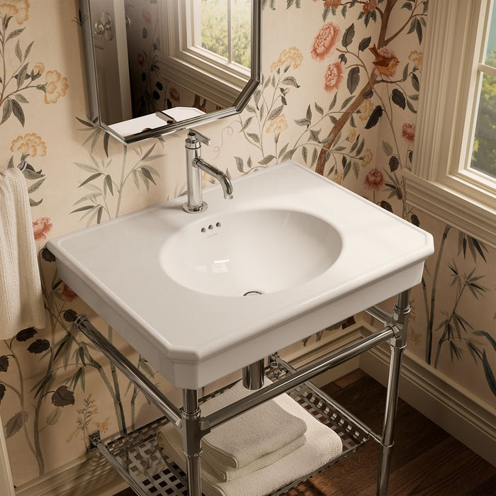 KOHLER K-39304-1 Claude 30" Rectangular Console Table Bathroom Sink, Dune with Vibrant Polished Nickel - image focused on sin