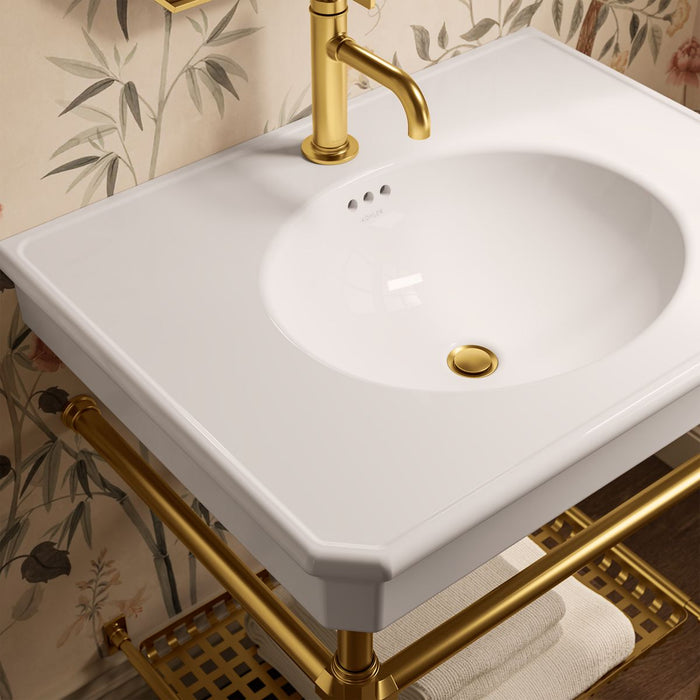 KOHLER K-39304-1 Claude 30" Rectangular Console Table Bathroom Sink, White with Vibrant Brushed Moderne Brass - Shows close u